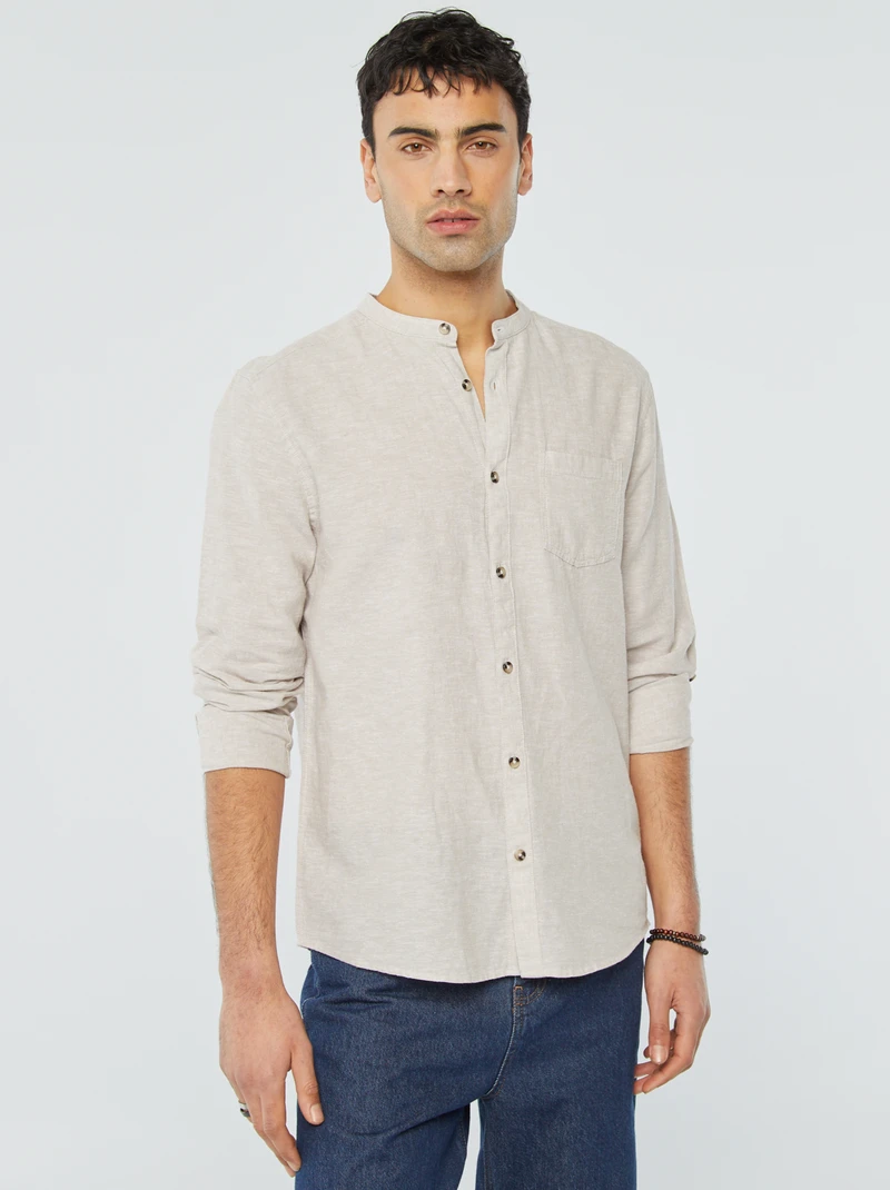  mao collar beige man shirt with linen